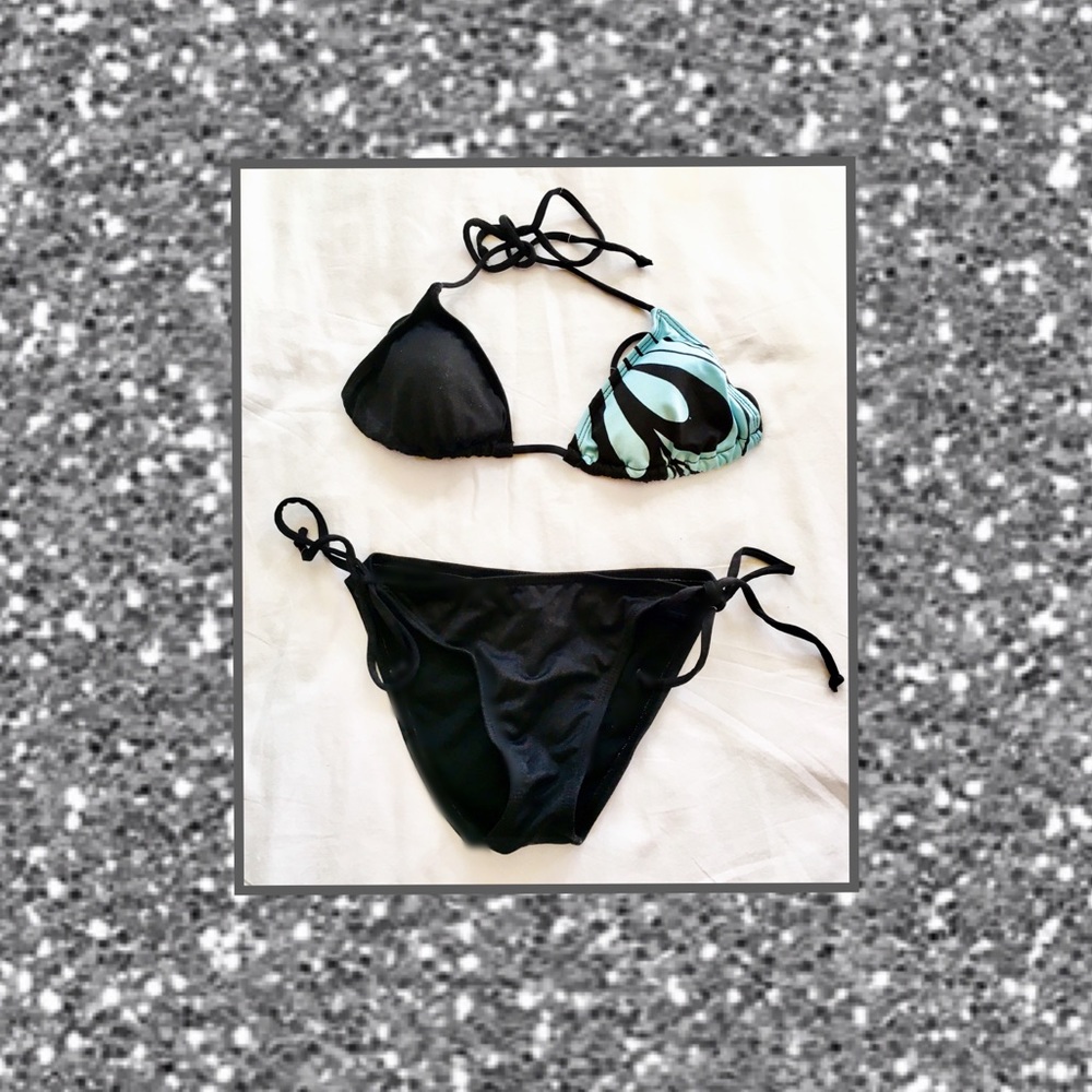 Black String Bikini Set with Baby Blue Strips